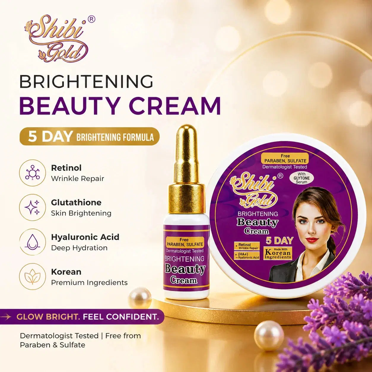 Brightening Beauty Cream by Shibi Gold – 5 Day Glow, Hydration & Skin Repair with Serum