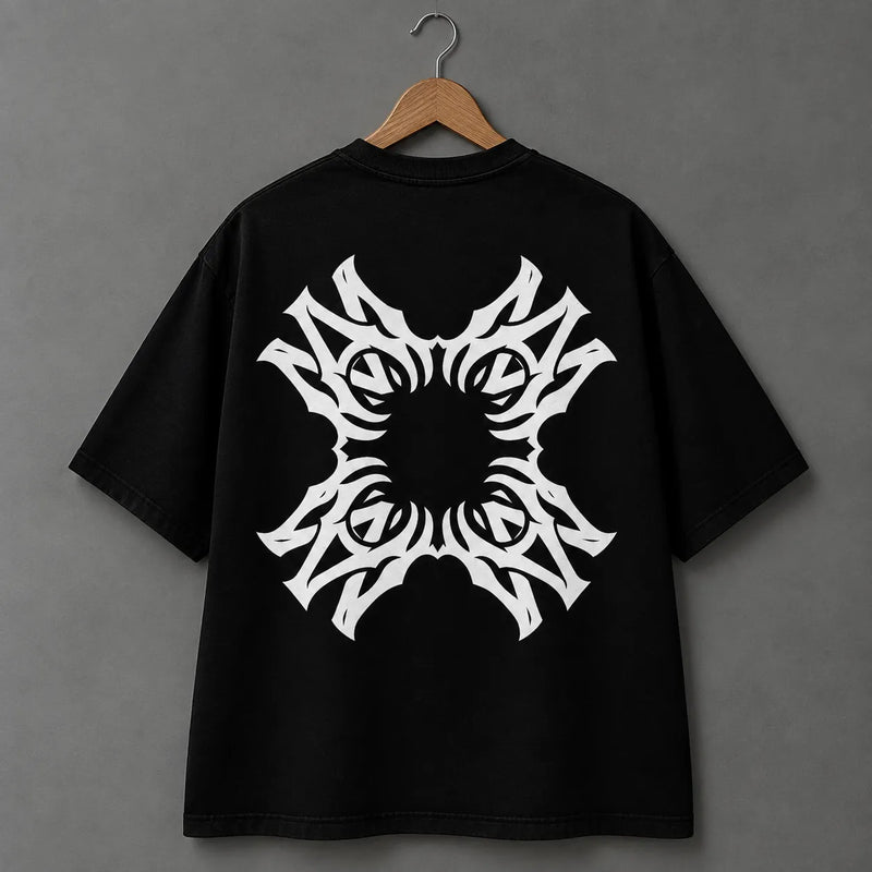 Black T-Shirt with Bold Tribal Emblem