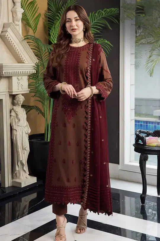 3PC LAWN EMBROIDERED SHIRT WITH CHIFFON EMBROIDERED DUPATTA AND TROUSER - Aj 2556
