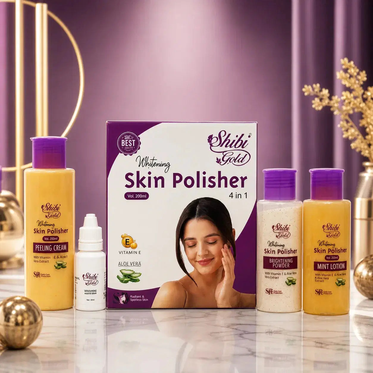 Shibi Gold Brightening Skin Polisher Set – Exfoliate, Cleanse & Glow (4 Step Skincare Kit)
