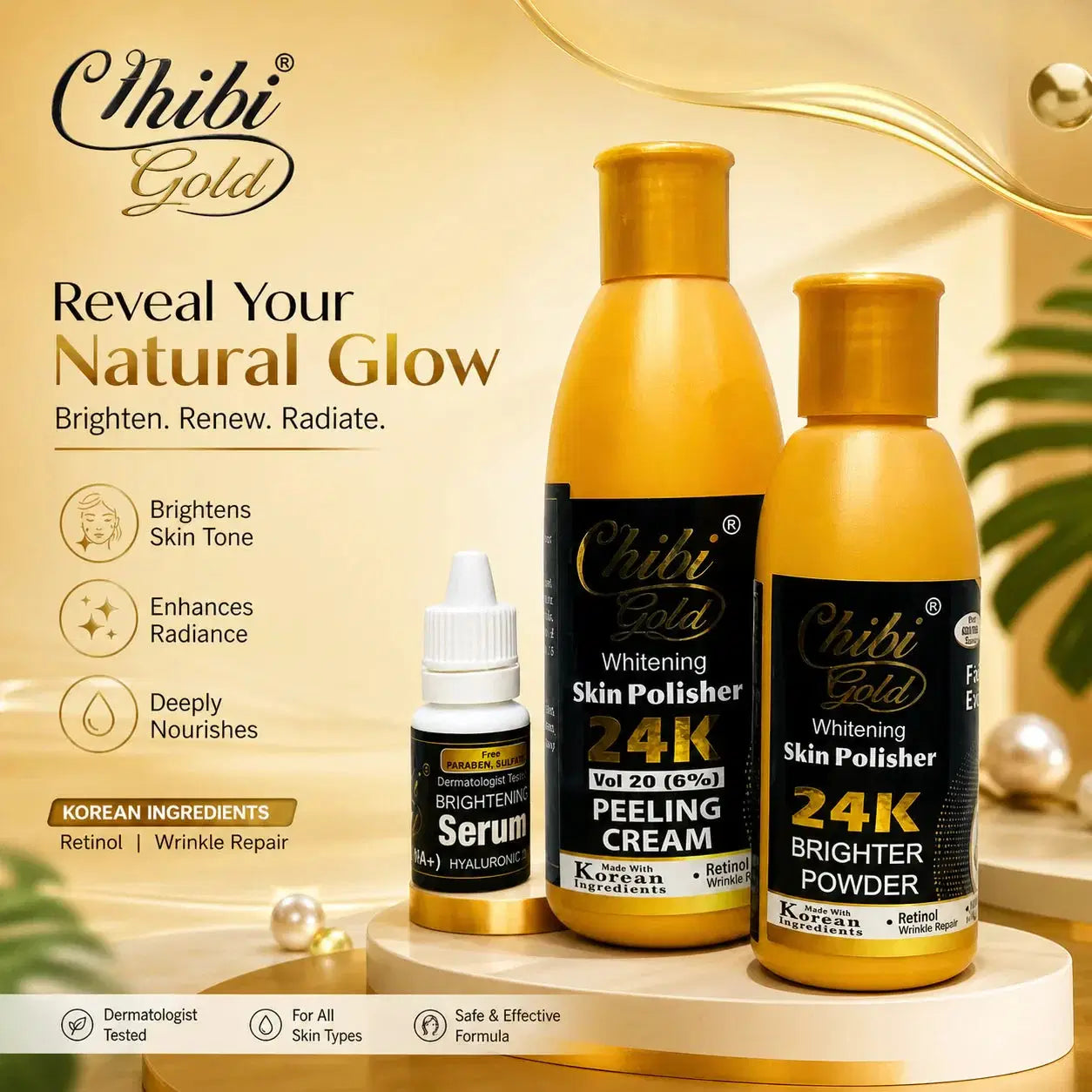 24K Whitening Skin Polisher Kit – Brightening Serum, Peeling Cream & Glow Powder