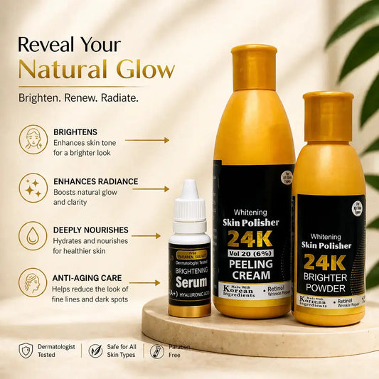 24K Whitening Skin Polisher Kit – Brightening Serum, Peeling Cream & Glow Powder